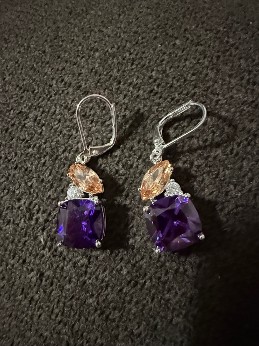 Avon Silver-Tone Earrings with Deep Purple and Champagne Crystals